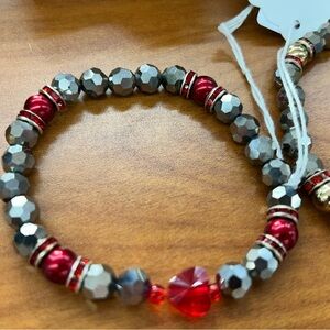 Valentines Gunmetal and Red Beaded stretch Bracelet 💝